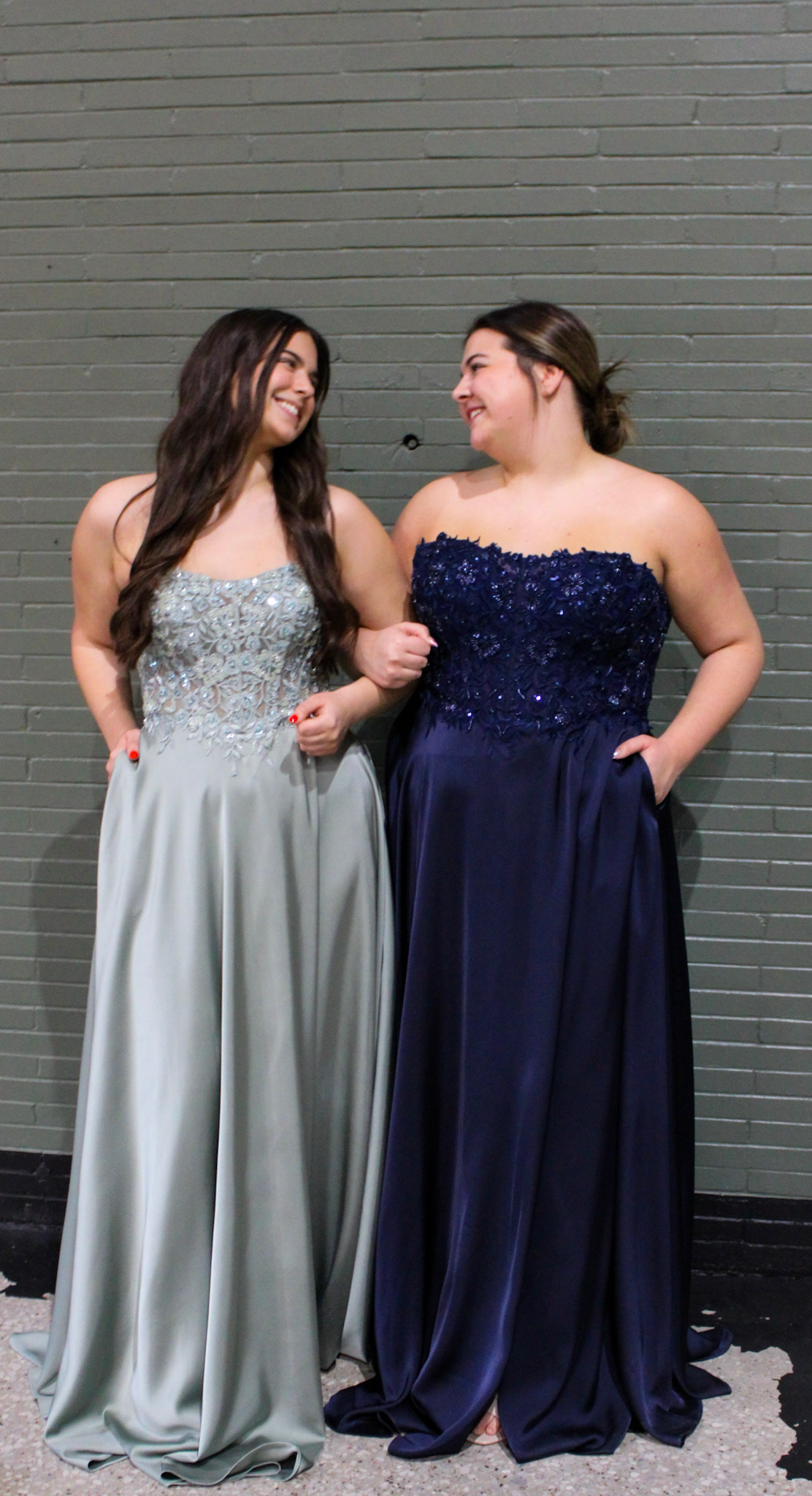 Sage and navy formal gowns