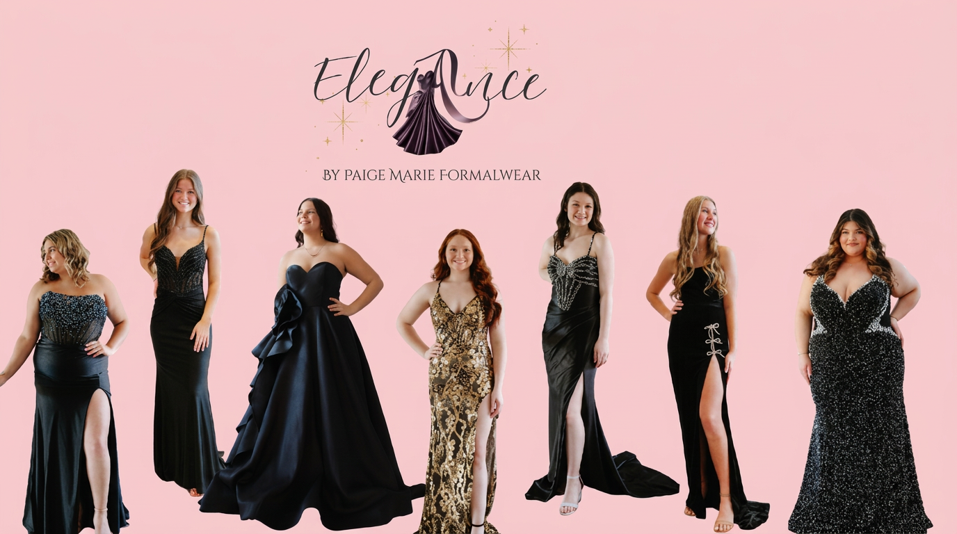Seven models in elegant evening gowns — Elegance by Paige Marie Formalwear